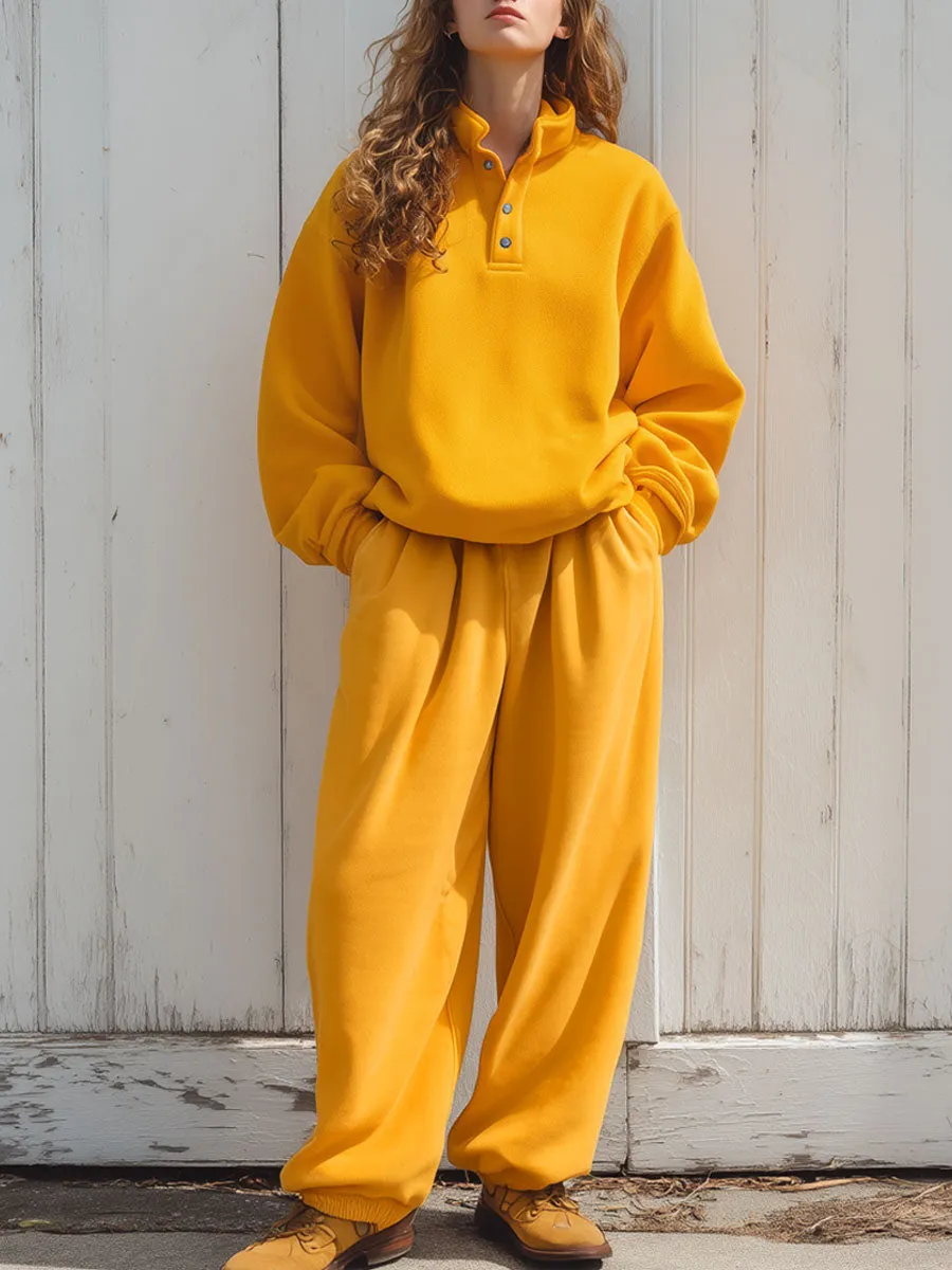 Casual Loose Retro Yellow Granular Fleece Sweatshirt And Sweatpants Set sold by Oyrosy