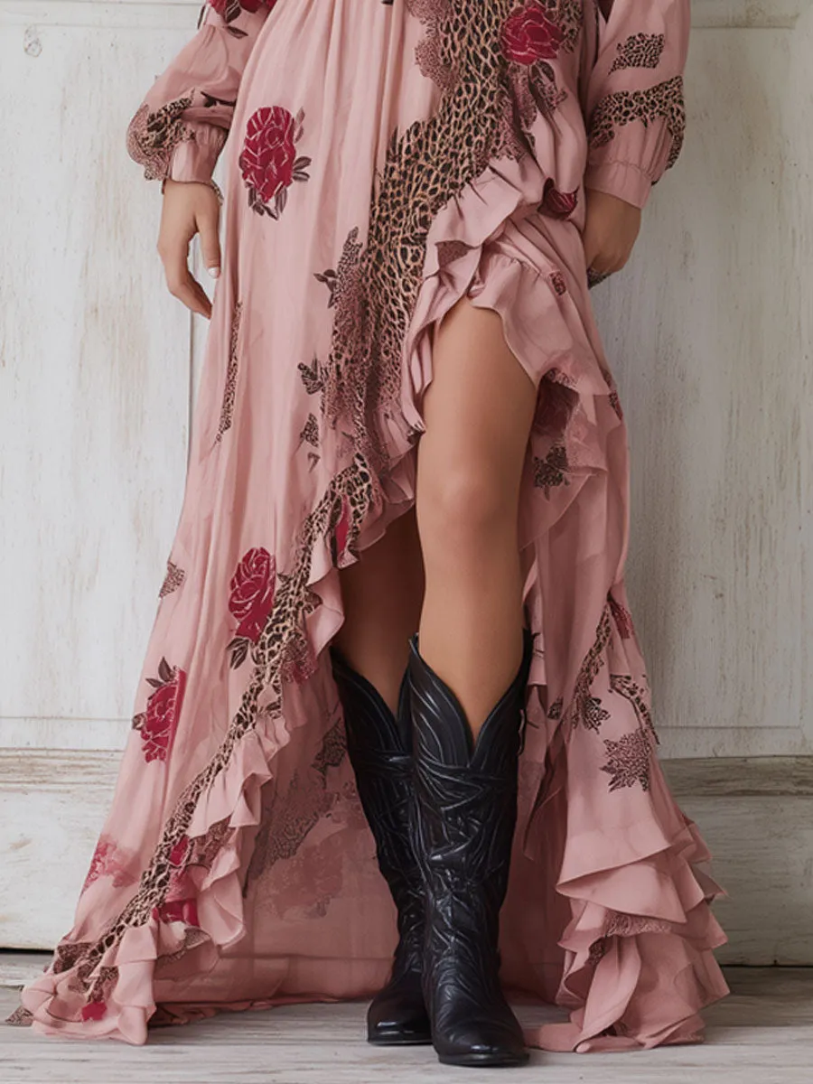 Bohemian Retro Long Sleeve Pink Leopard Rose Chiffon Ruffle Maxi Dress sold by Oyrosy product image thumbnail 4