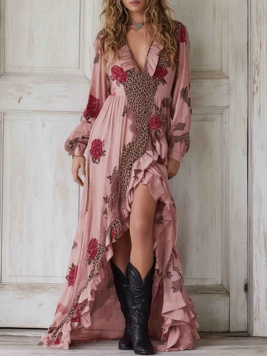 Bohemian Retro Long Sleeve Pink Leopard Rose Chiffon Ruffle Maxi Dress sold by Oyrosy