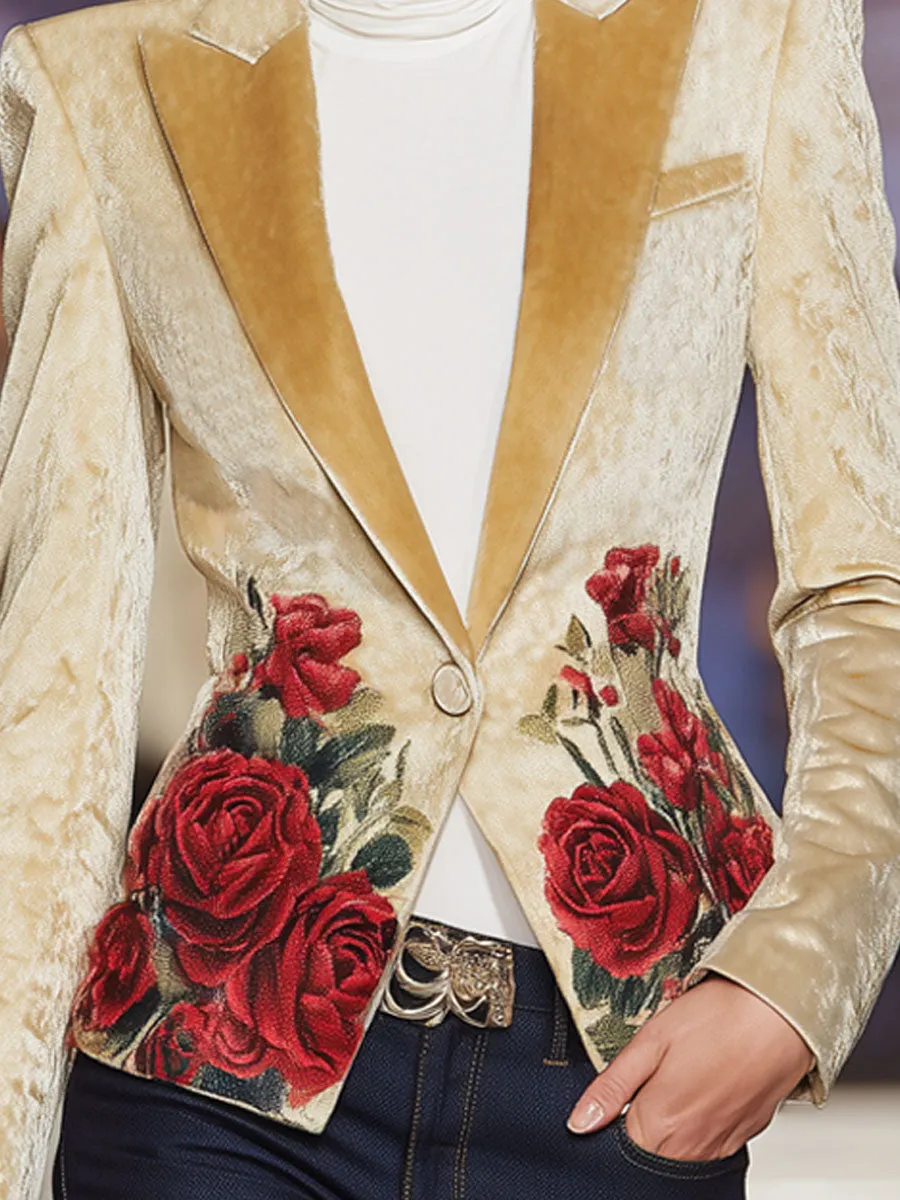 Elegant Lapel Single Button Rose Print Blazer sold by Oyrosy product image thumbnail 3
