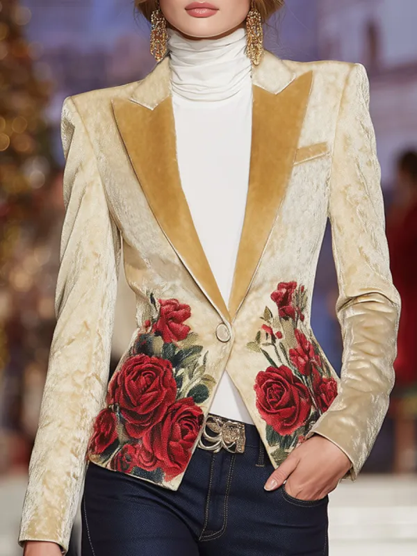 Elegant Lapel Single Button Rose Print Blazer sold by Oyrosy
