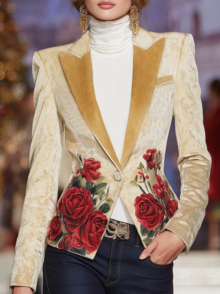 Elegant Lapel Single Button Rose Print Blazer sold by Oyrosy