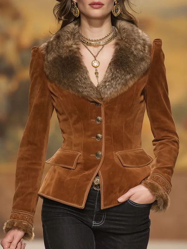 Vintage Faux Fur Collar Single-breasted Double-pocket Faux Suede Jacket sold by Oyrosy
