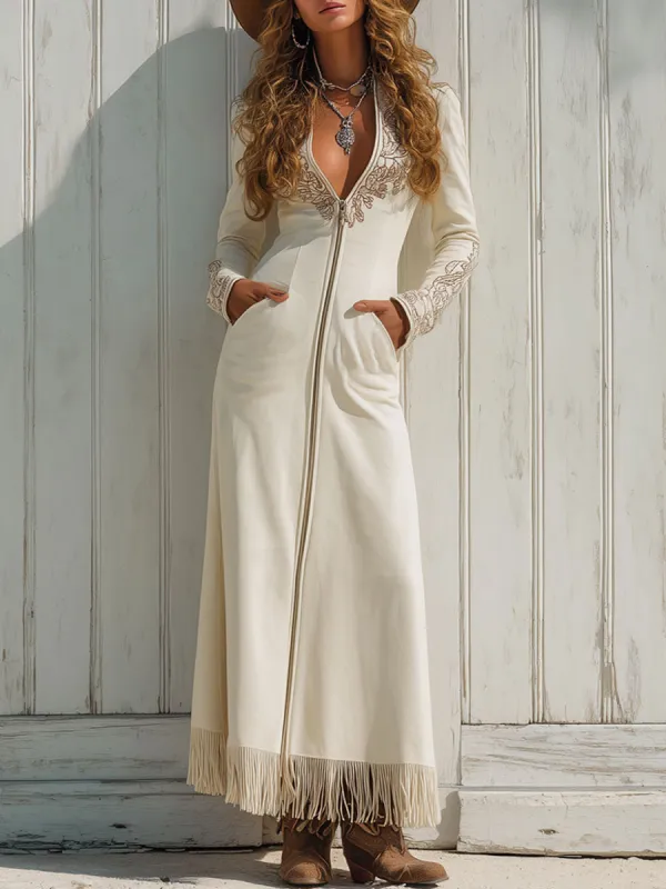 Western Retro Embroidered Off-White Faux Suede Long-Sleeved Tassel Maxi Dress sold by Oyrosy