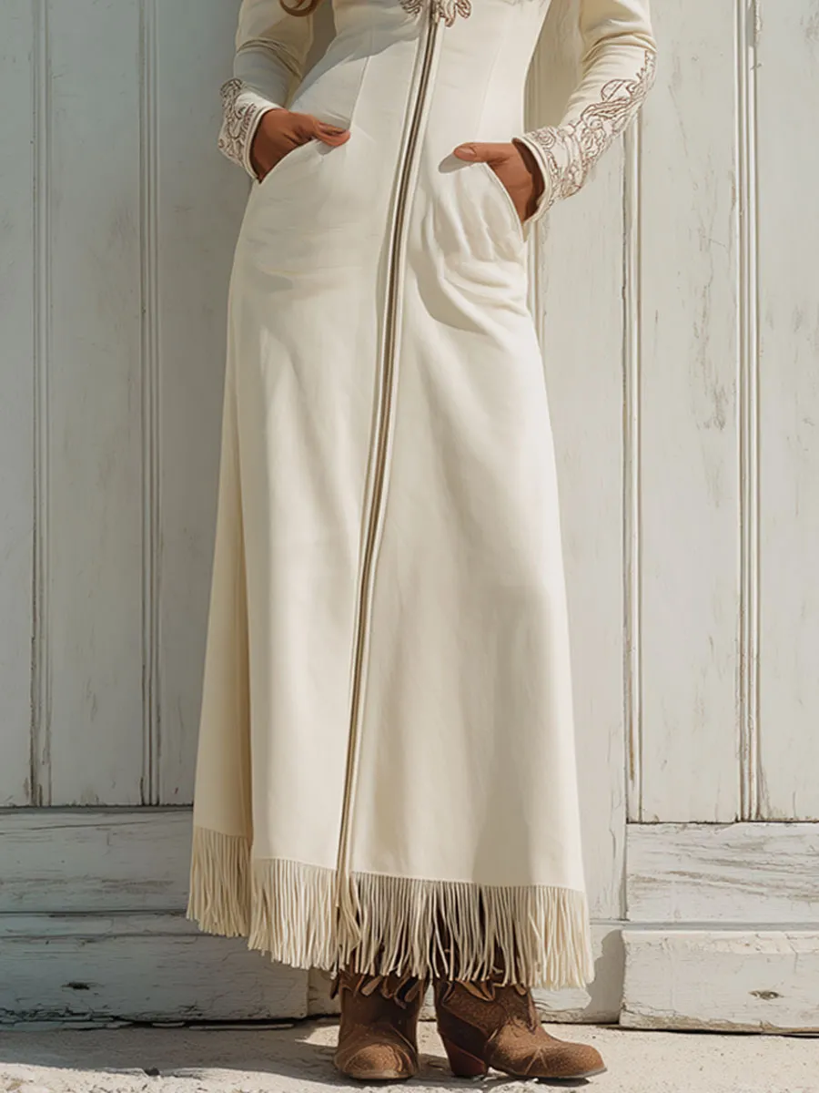 Western Retro Embroidered Off-White Faux Suede Long-Sleeved Tassel Maxi Dress sold by Oyrosy product image thumbnail 4