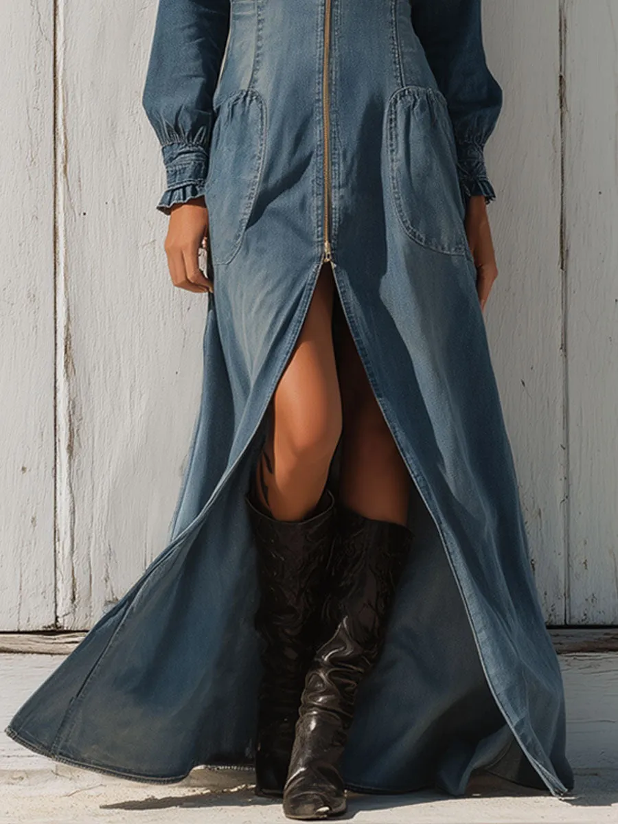 Western Retro Long-sleeved Gray-blue Denim Zipper Slit Maxi Dress sold by Oyrosy product image thumbnail 4