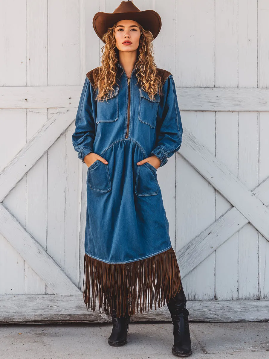 Western Vintage Blue Denim Faux Suede Half-Zip Fringed Midi Dress sold by Oyrosy product image thumbnail 2