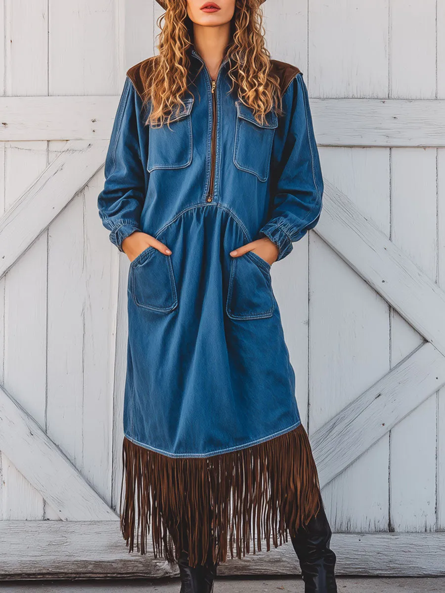 Western Vintage Blue Denim Faux Suede Half-Zip Fringed Midi Dress sold by Oyrosy