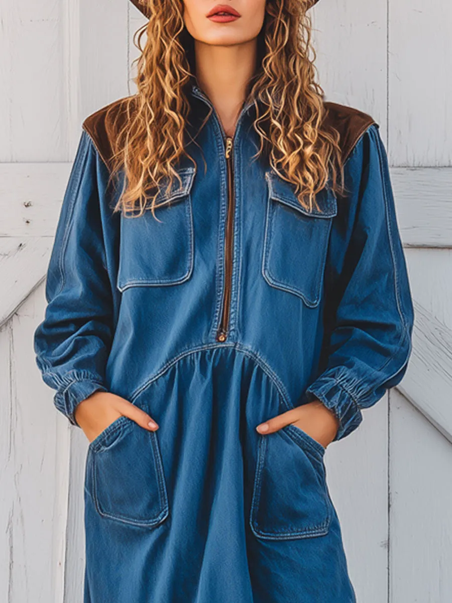 Western Vintage Blue Denim Faux Suede Half-Zip Fringed Midi Dress sold by Oyrosy product image thumbnail 3