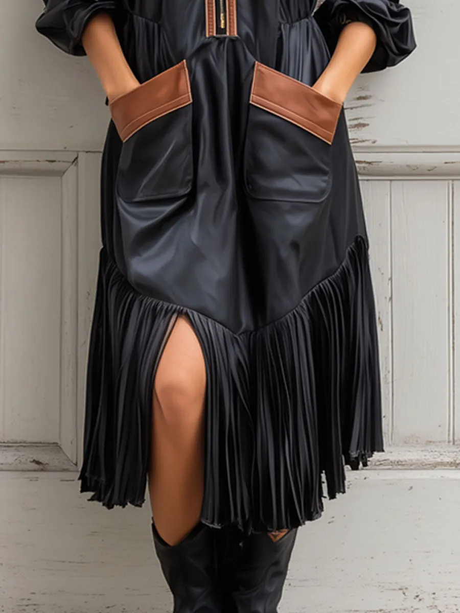 Western Retro Elastic Waist Black And Brown PU Half Zipper Tassel Midi Dress sold by Oyrosy product image thumbnail 4