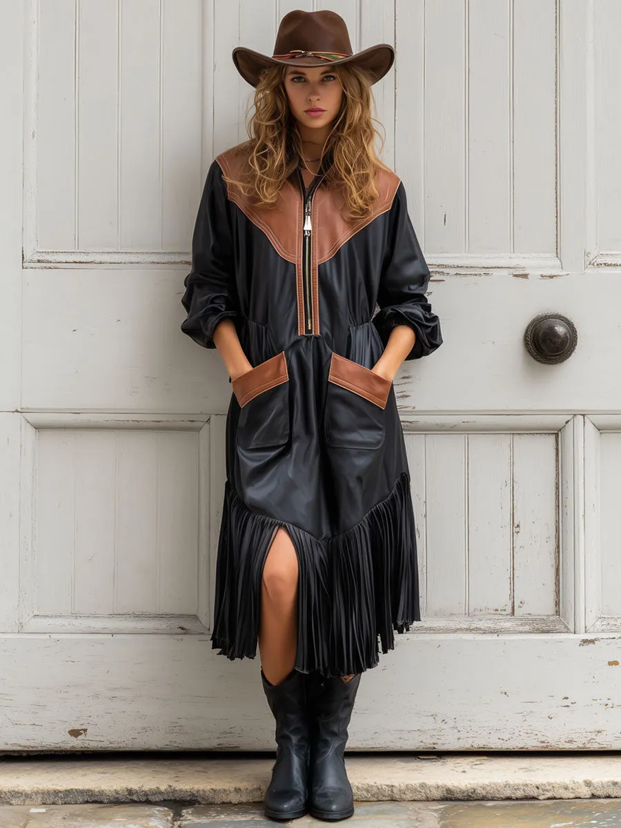 Western Retro Elastic Waist Black And Brown PU Half Zipper Tassel Midi Dress sold by Oyrosy product image thumbnail 2