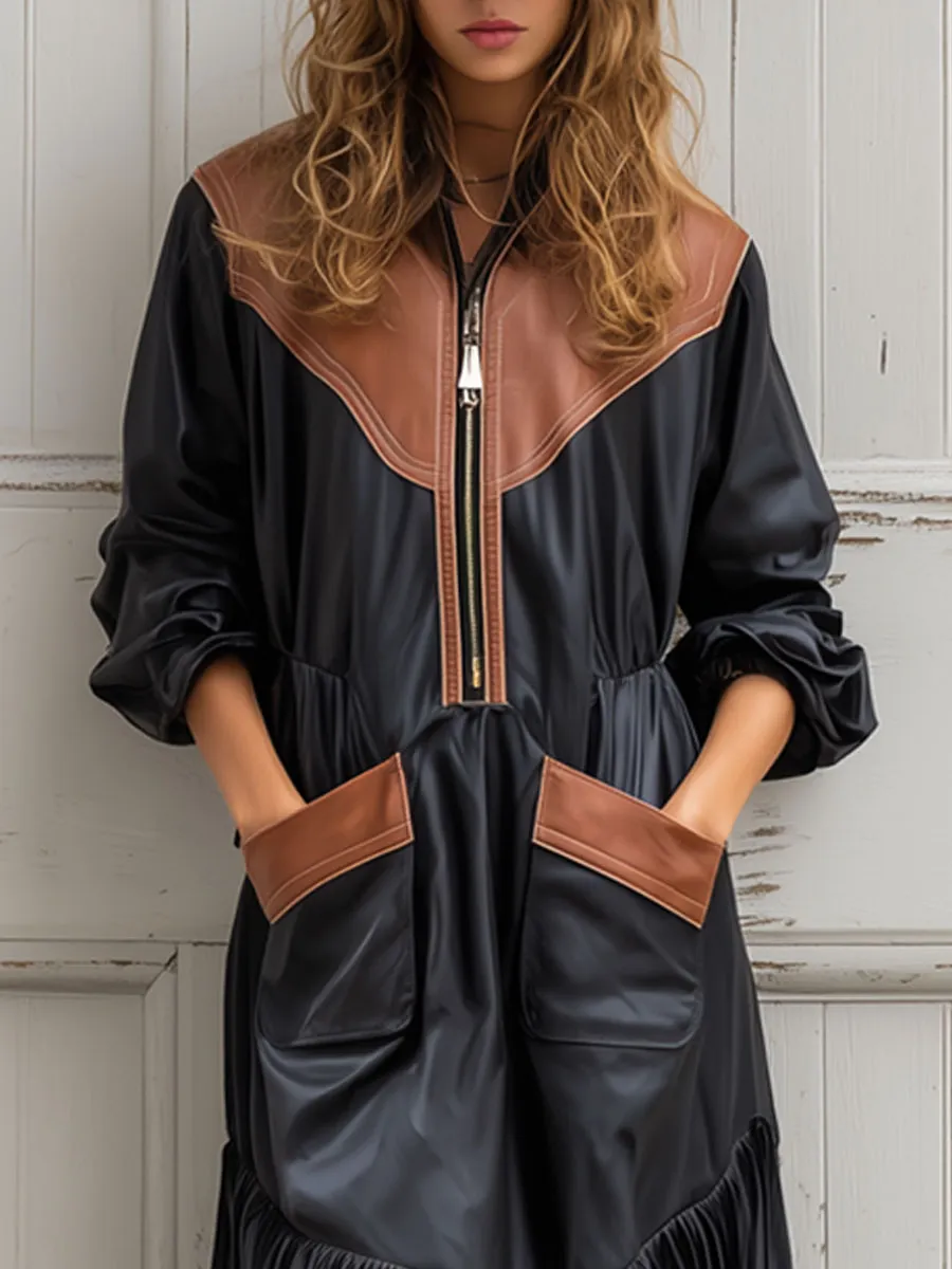 Western Retro Elastic Waist Black And Brown PU Half Zipper Tassel Midi Dress sold by Oyrosy product image thumbnail 3