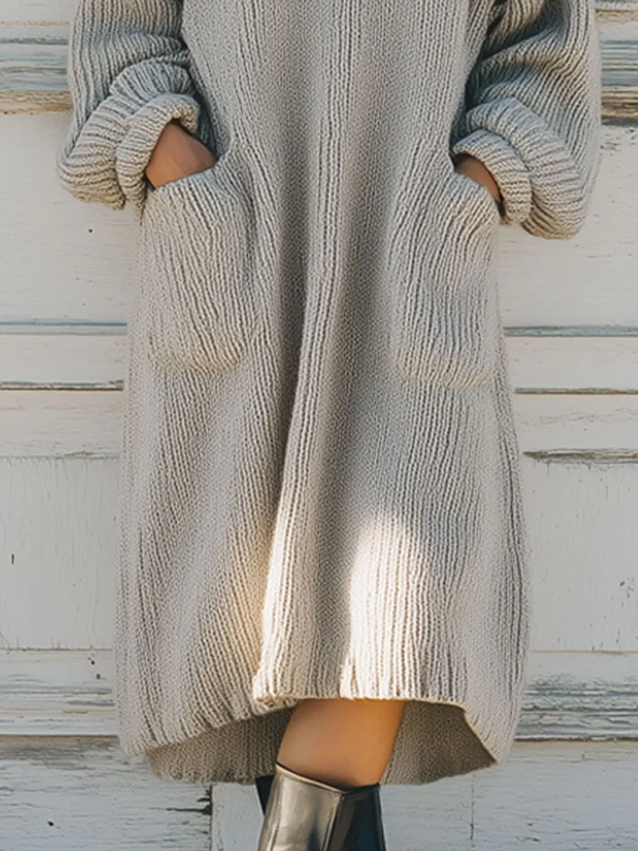 Casual Vintage Gray Turtleneck Knit Midi Dress sold by Oyrosy product image thumbnail 4