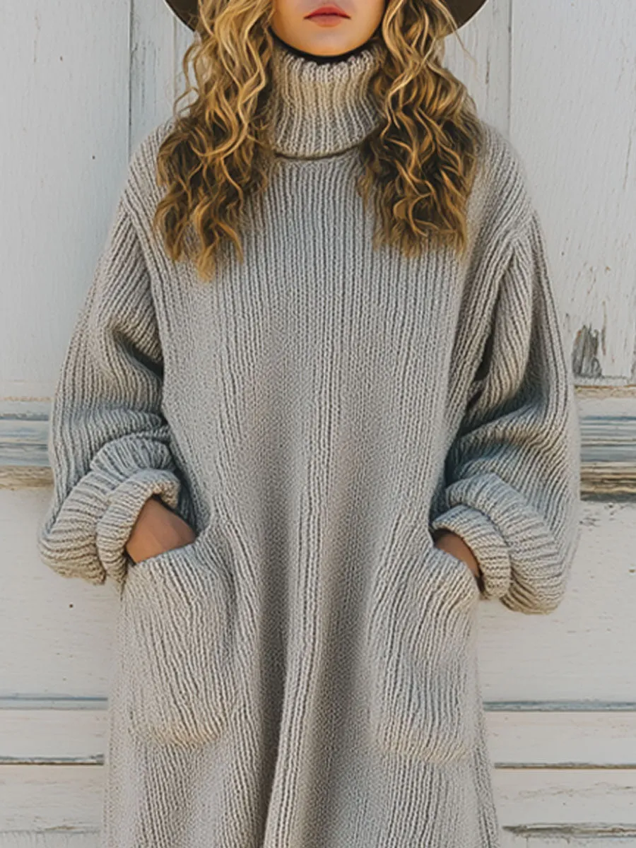 Casual Vintage Gray Turtleneck Knit Midi Dress sold by Oyrosy product image thumbnail 3