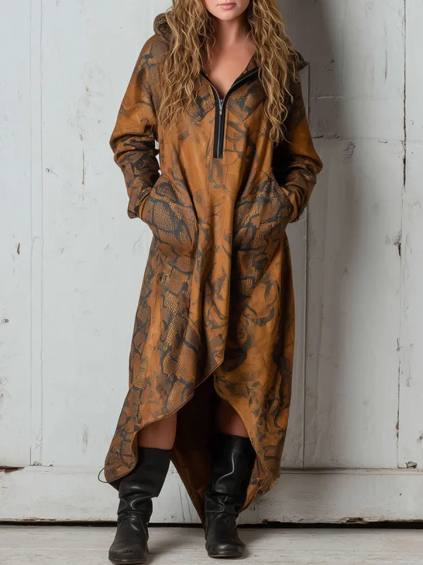 Western Retro Snake Print Camel Faux Suede Hooded Irregular Maxi Dress sold by Oyrosy