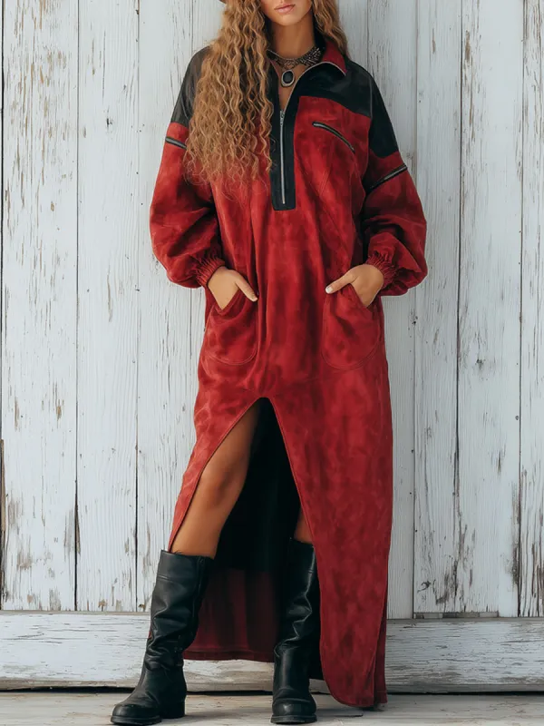 Western Retro Black And Red Mottled Faux Suede Half-Zip Slit Maxi Dress sold by Oyrosy