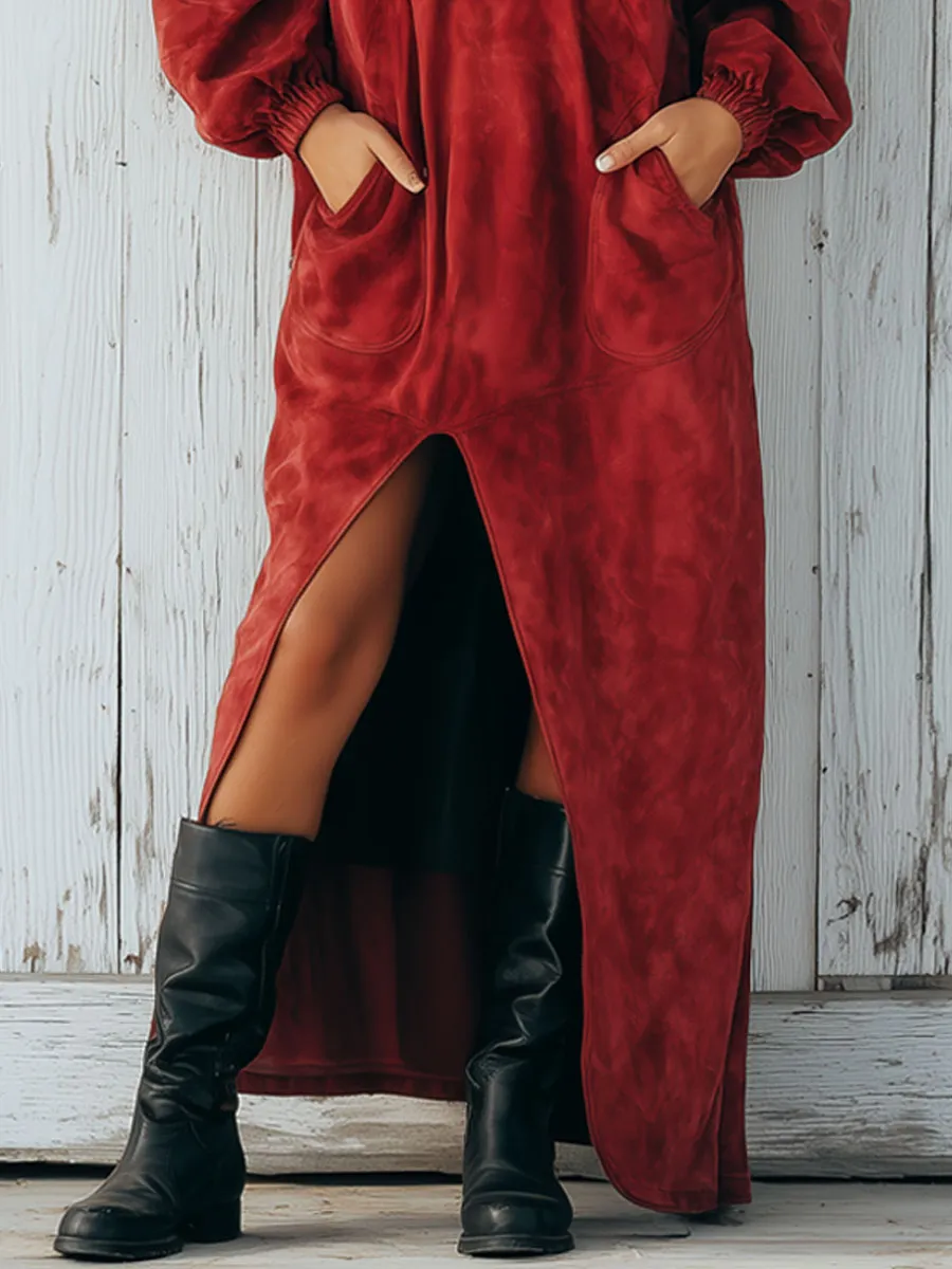 Western Retro Black And Red Mottled Faux Suede Half-Zip Slit Maxi Dress sold by Oyrosy product image thumbnail 3