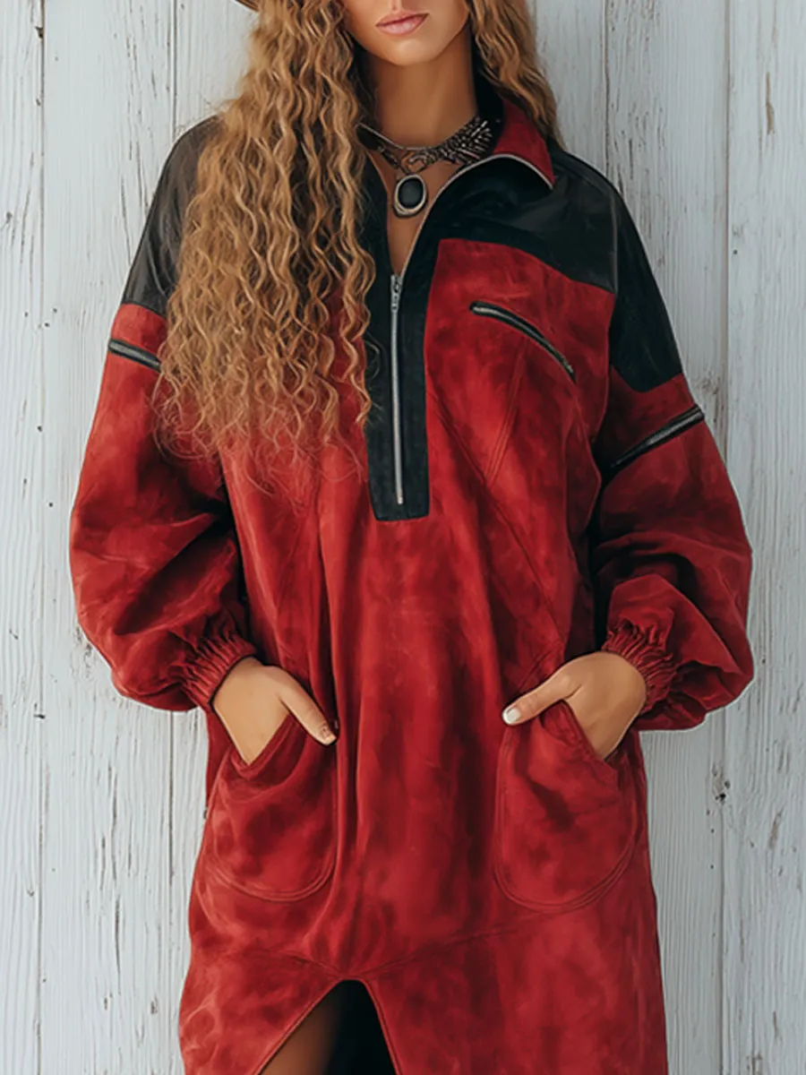 Western Retro Black And Red Mottled Faux Suede Half-Zip Slit Maxi Dress sold by Oyrosy product image thumbnail 4