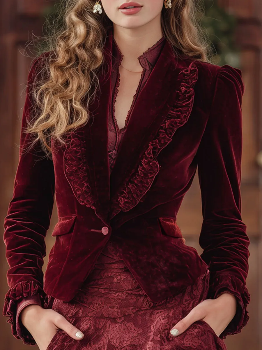 Fashion Retro Deep Red Velvet Ruffled Blazer sold by Oyrosy
