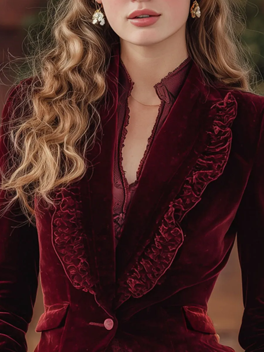 Fashion Retro Deep Red Velvet Ruffled Blazer sold by Oyrosy product image thumbnail 3