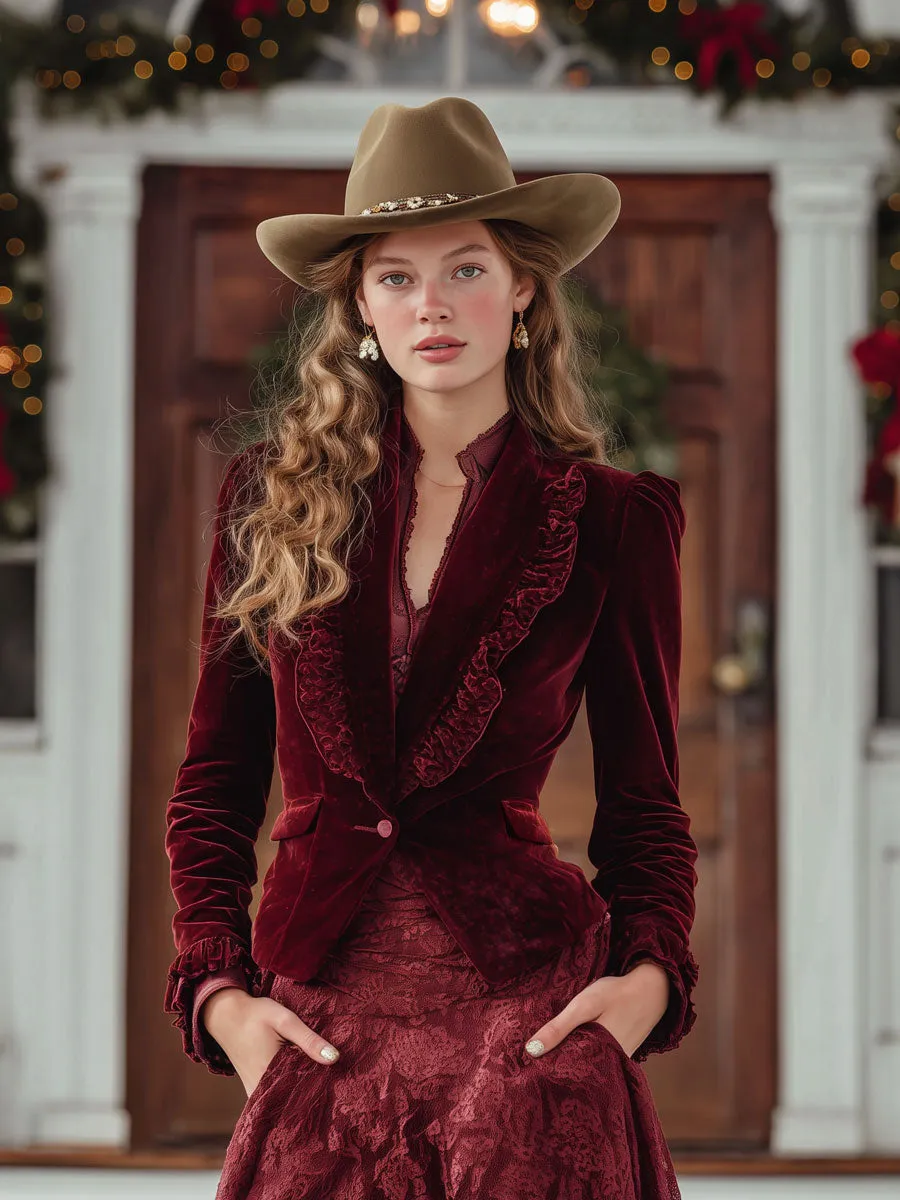 Fashion Retro Deep Red Velvet Ruffled Blazer sold by Oyrosy product image thumbnail 2