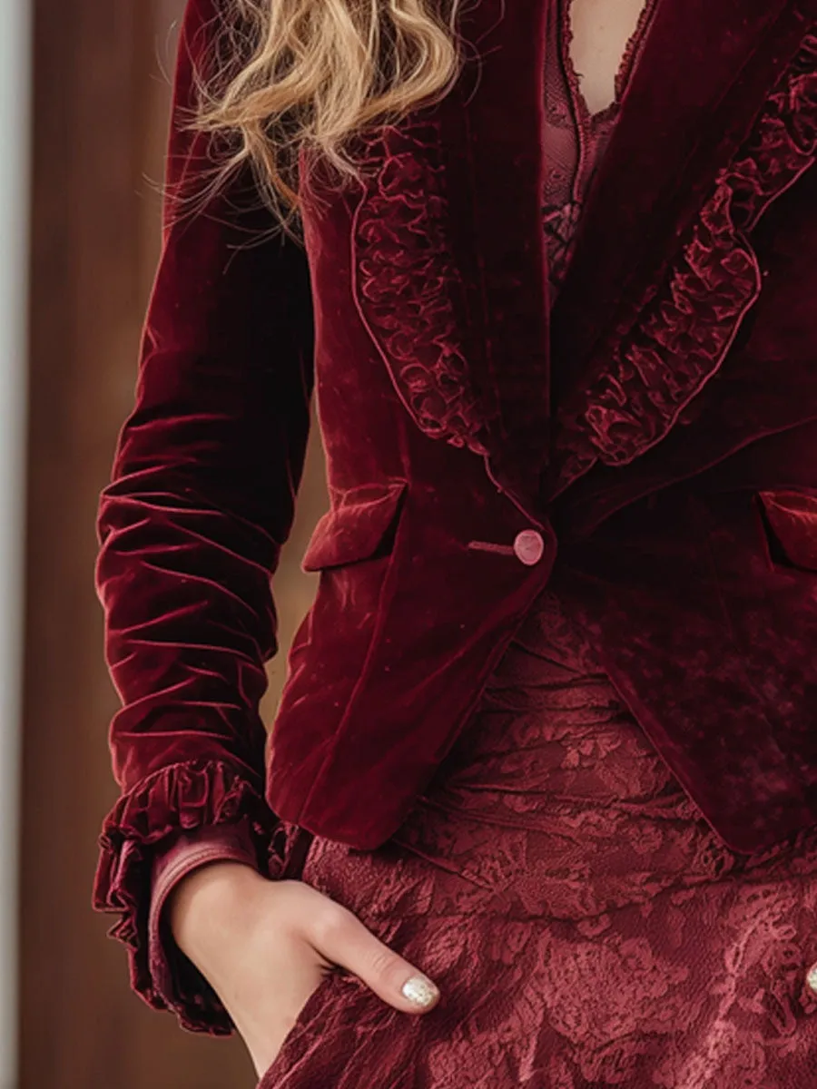 Fashion Retro Deep Red Velvet Ruffled Blazer sold by Oyrosy product image thumbnail 4