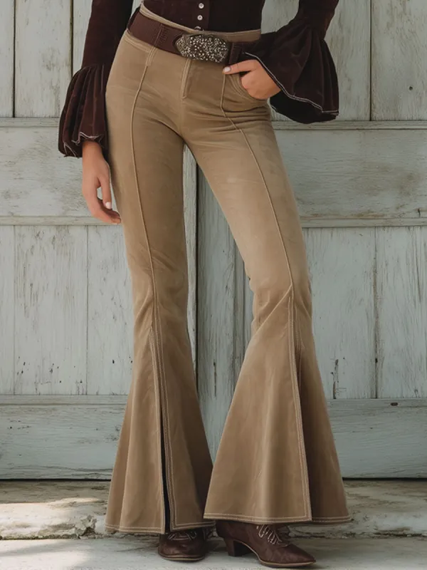 Western Vintage Khaki Faux Suede Slit Flared Pants sold by Oyrosy