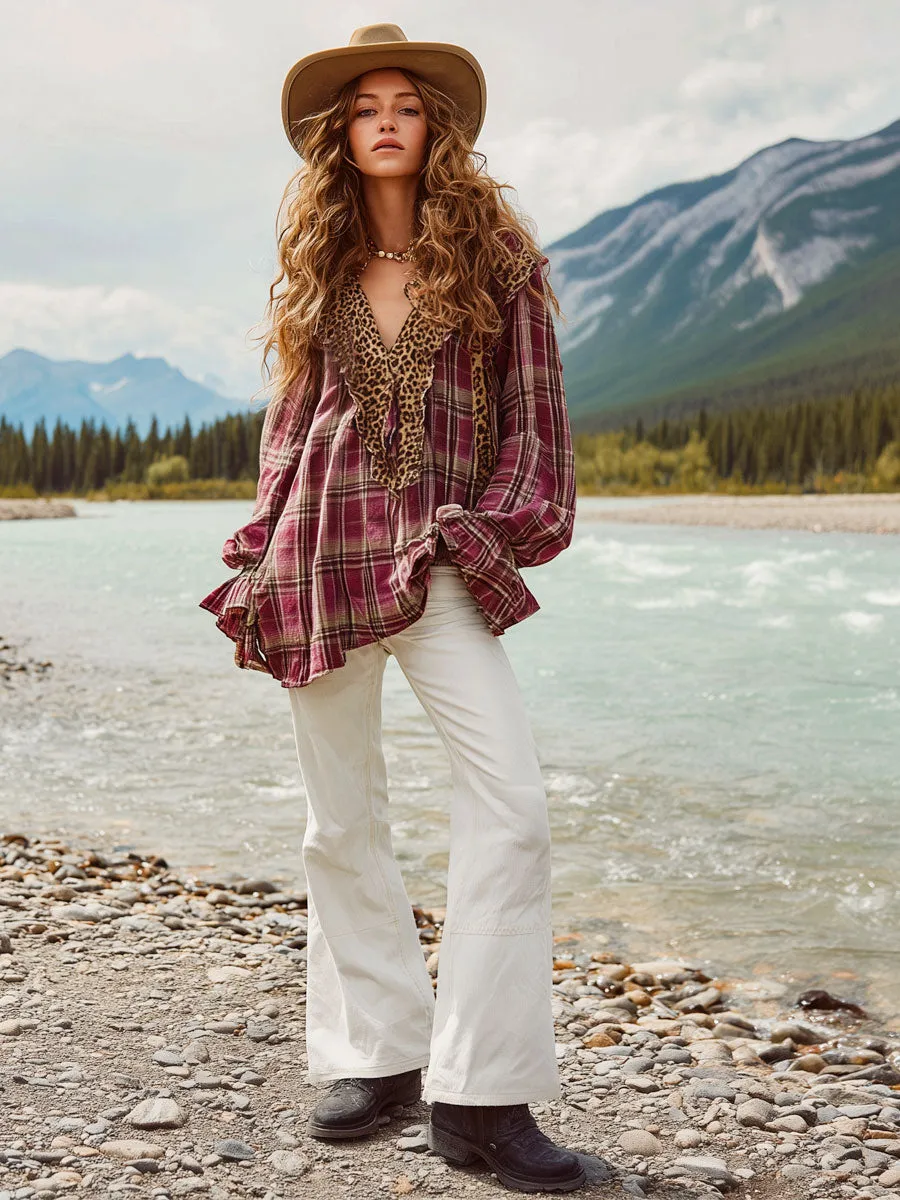 Casual Retro Leopard Print Rose Red Plaid Long Sleeve Shirt sold by Oyrosy product image thumbnail 2