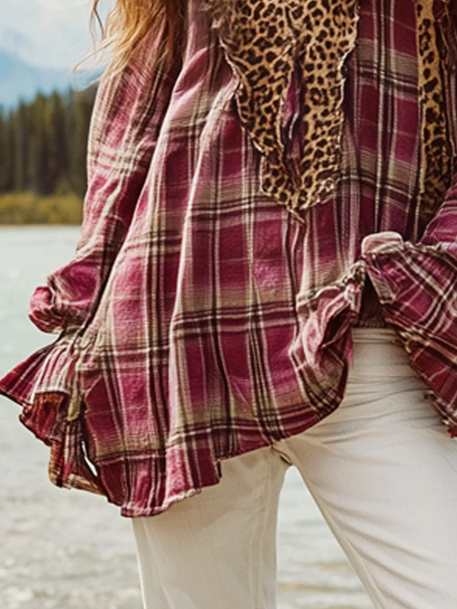 Casual Retro Leopard Print Rose Red Plaid Long Sleeve Shirt sold by Oyrosy product image thumbnail 4
