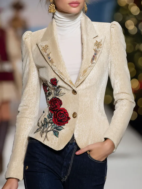 Elegant Lapel Single-breasted Floral Embroidered Blazer sold by Oyrosy