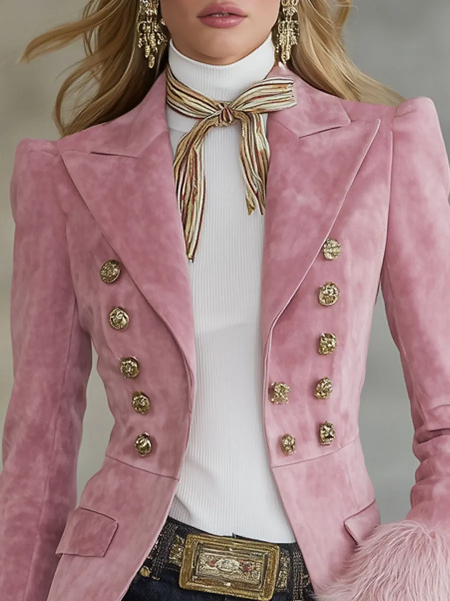 Lapel Multi-button Faux Suede And Fur Blazer sold by Oyrosy product image thumbnail 2