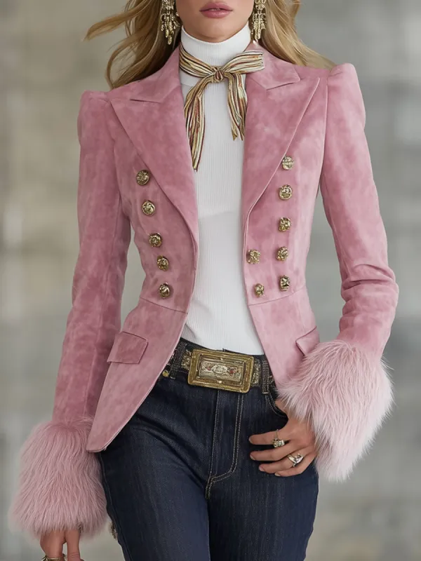 Lapel Multi-button Faux Suede And Fur Blazer sold by Oyrosy