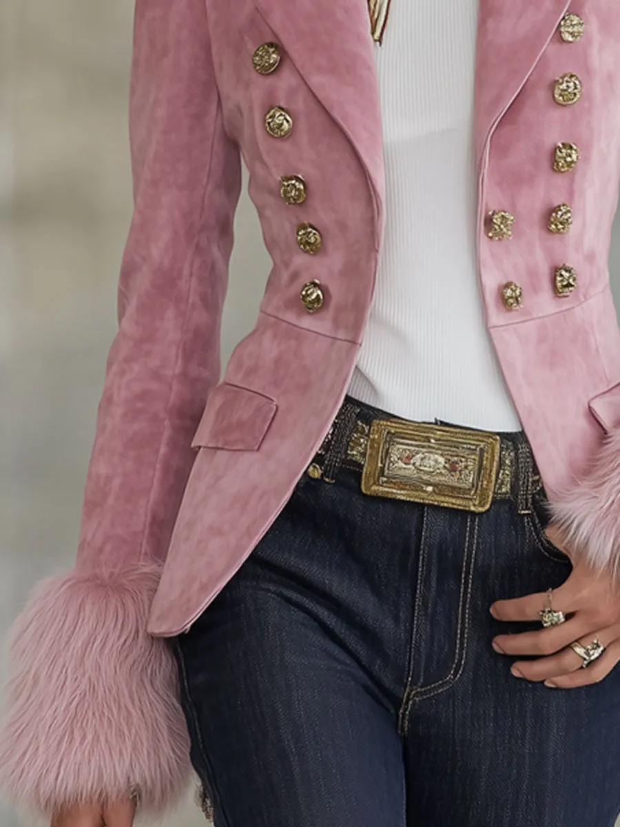 Lapel Multi-button Faux Suede And Fur Blazer sold by Oyrosy product image thumbnail 3