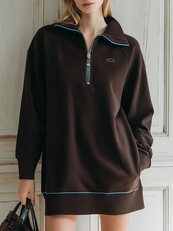 Casual Loose Brown Half-Zip Sweatshirt Mini Dress sold by Oyrosy