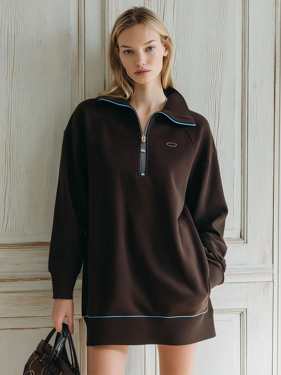 Casual Loose Brown Half-Zip Sweatshirt Mini Dress sold by Oyrosy product image thumbnail 3