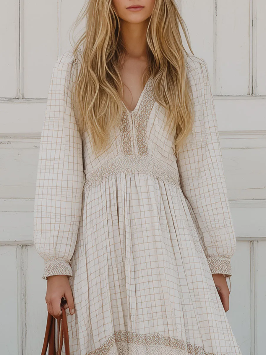 Retro Lace Stitching White Plaid Maxi Dress sold by Oyrosy product image thumbnail 3