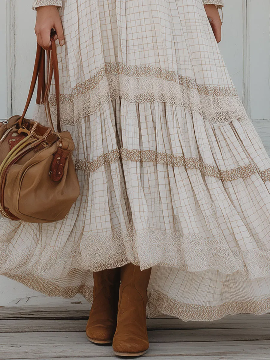 Retro Lace Stitching White Plaid Maxi Dress sold by Oyrosy product image thumbnail 4