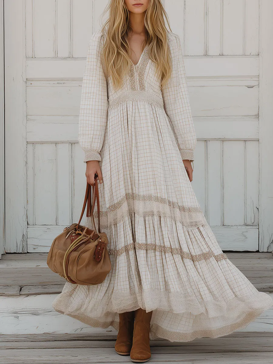 Retro Lace Stitching White Plaid Maxi Dress sold by Oyrosy