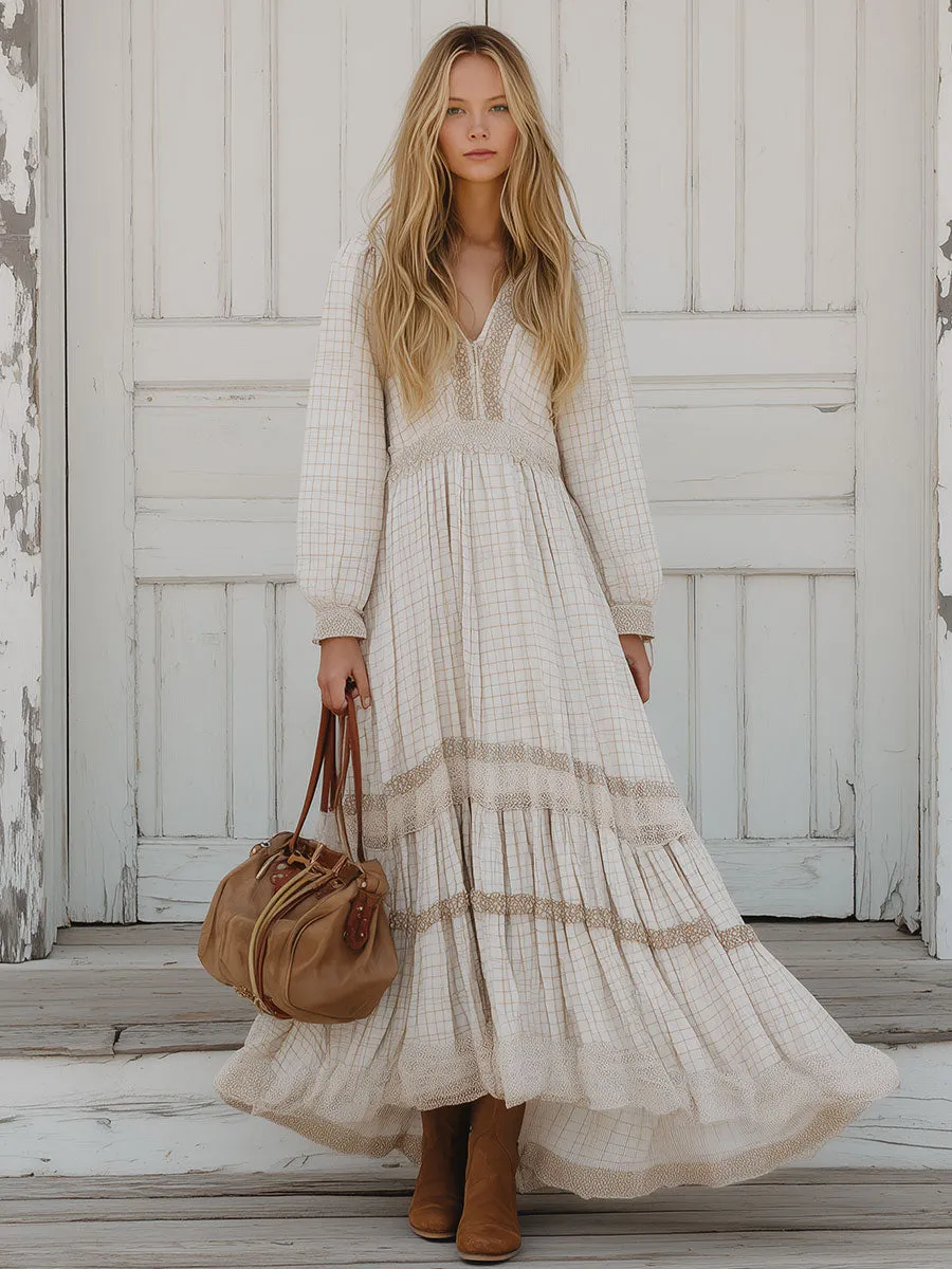 Retro Lace Stitching White Plaid Maxi Dress sold by Oyrosy product image thumbnail 2