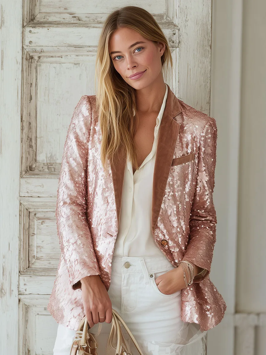 Elegant Urban Velvet Lapel Pink Sequins Blazer sold by Oyrosy product image thumbnail 2