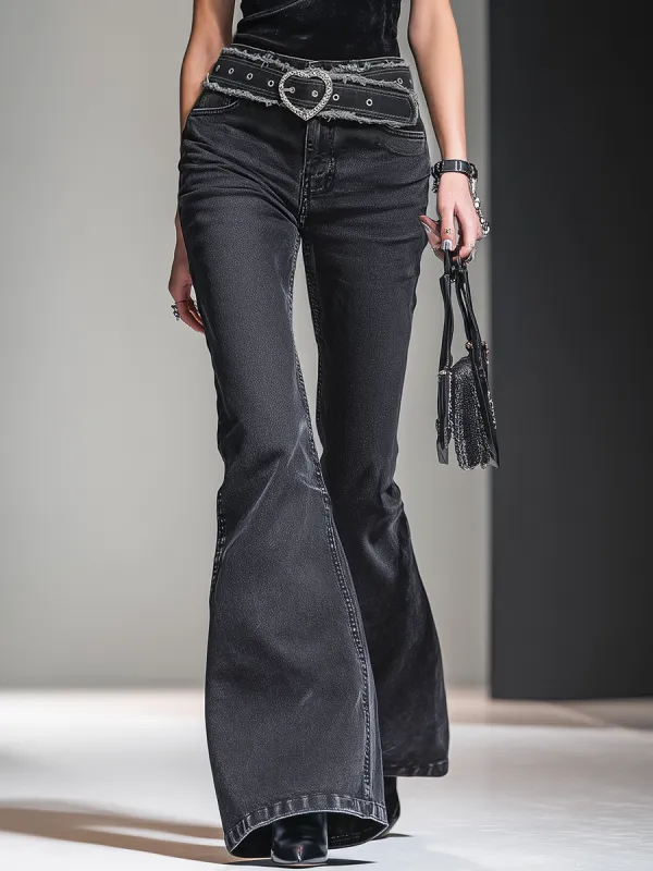 Fashionable Urban Retro Heart Belt Denim Flared Pants sold by Oyrosy