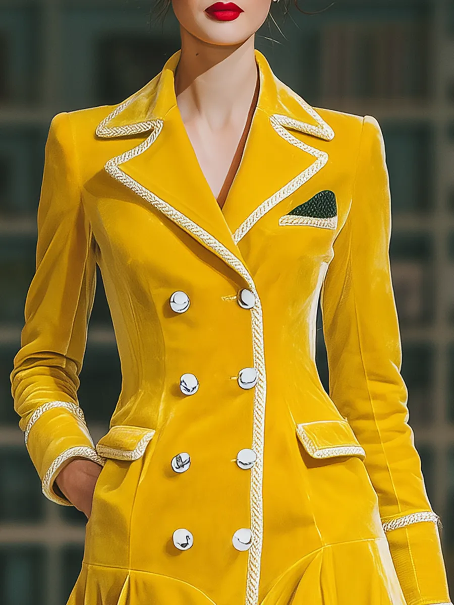 Retro Elegant Contrast Trim Double-breasted Mid-length Velvet Coat sold by Oyrosy product image thumbnail 3