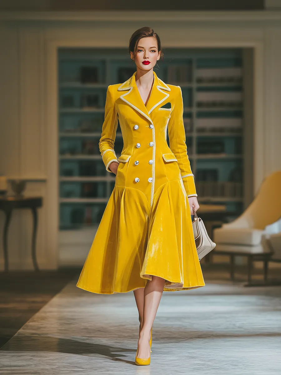 Retro Elegant Contrast Trim Double-breasted Mid-length Velvet Coat sold by Oyrosy product image thumbnail 2