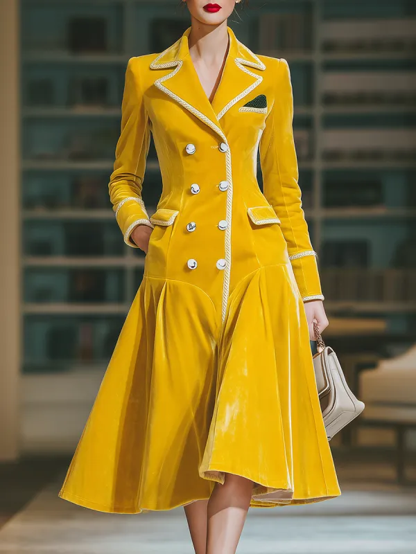 Retro Elegant Contrast Trim Double-breasted Mid-length Velvet Coat sold by Oyrosy