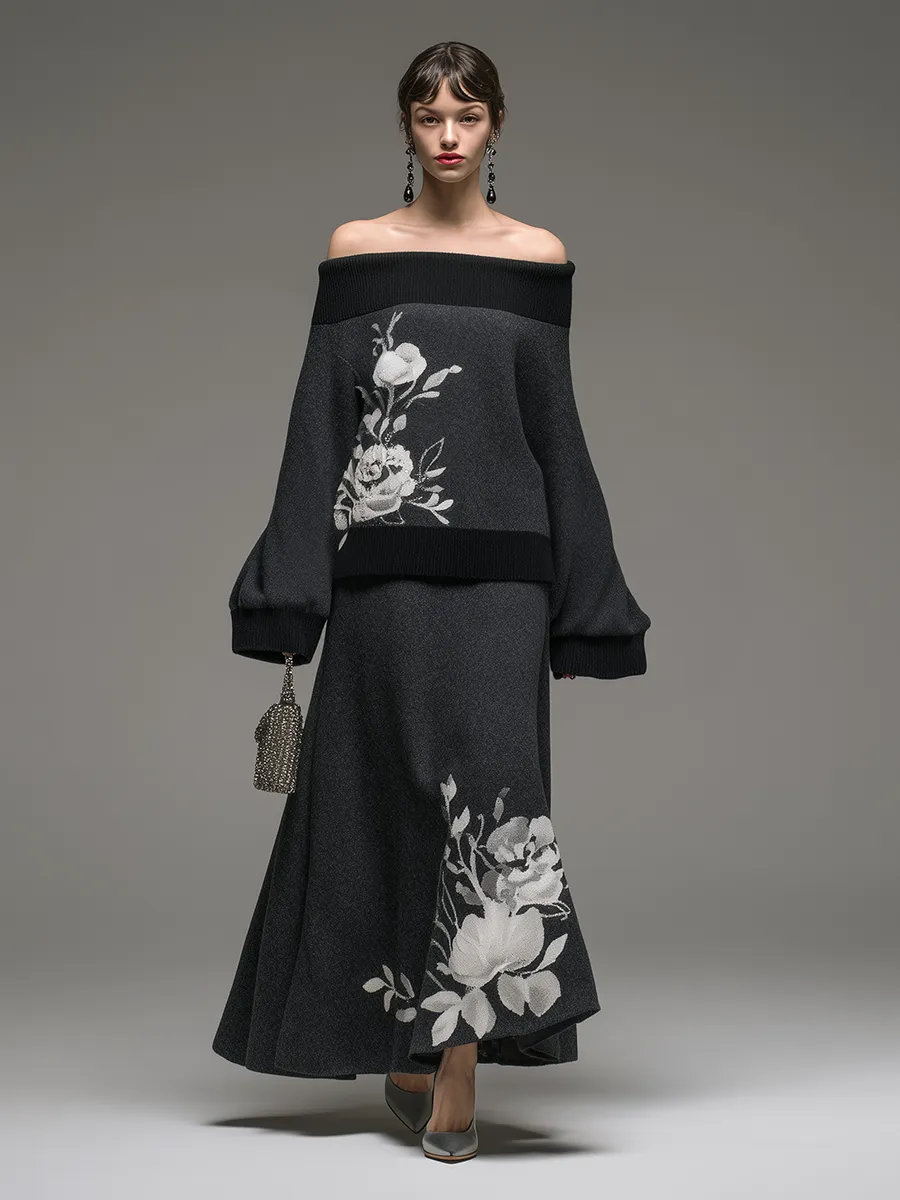 Vintage Elegant Off-the-Shoulder Floral Embroidered Top And Skirt Set sold by Oyrosy product image thumbnail 2