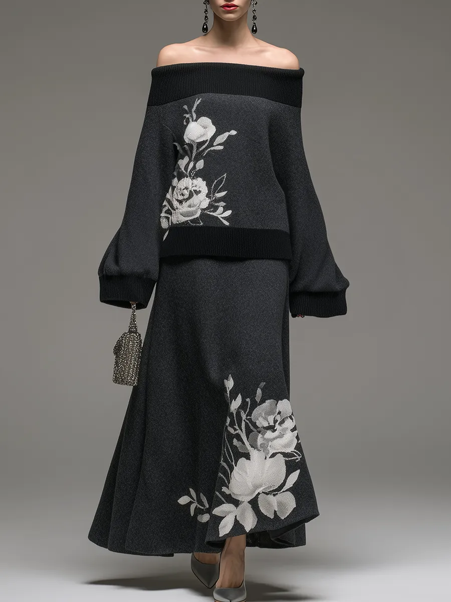 Vintage Elegant Off-the-Shoulder Floral Embroidered Top And Skirt Set sold by Oyrosy