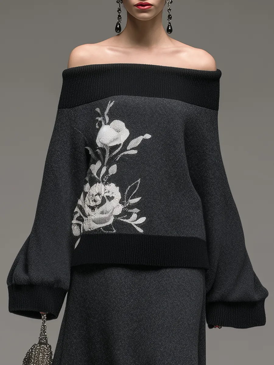 Vintage Elegant Off-the-Shoulder Floral Embroidered Top And Skirt Set sold by Oyrosy product image thumbnail 3