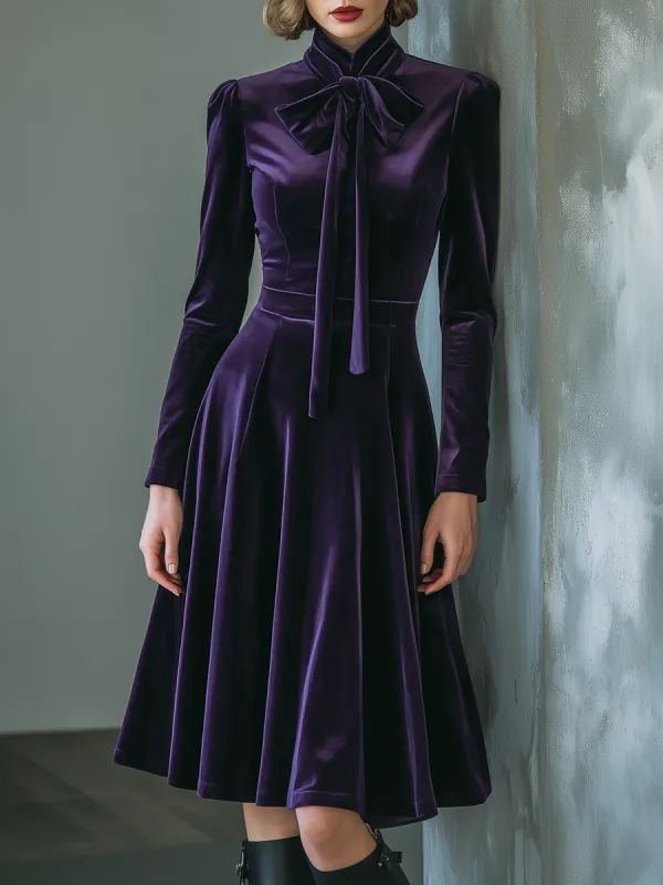 Retro Elegant Stand Collar Bow Tie Velvet Midi Dress sold by Oyrosy