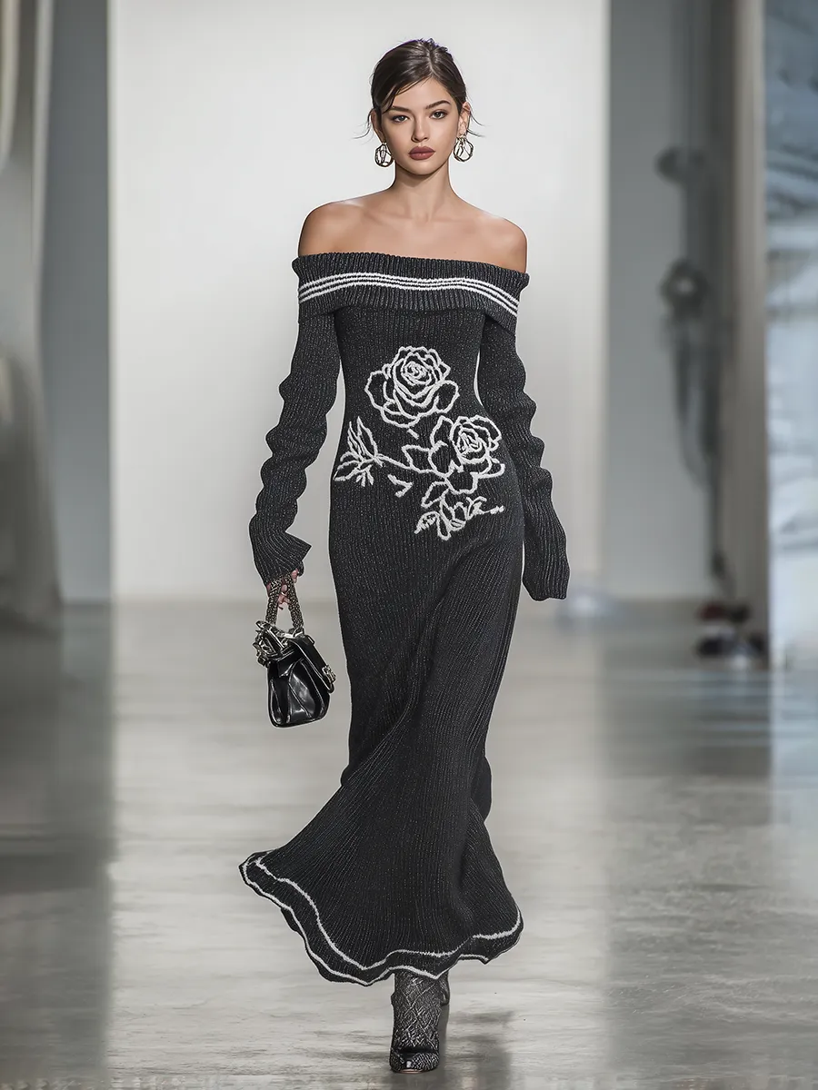 Elegant Off-the-shoulder Rose Pattern Knitted Maxi Dress sold by Oyrosy product image thumbnail 2