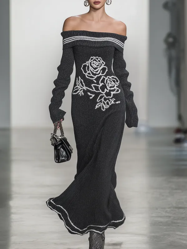 Elegant Off-the-shoulder Rose Pattern Knitted Maxi Dress sold by Oyrosy